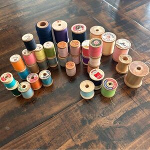 Lot Of 32 Vintage Wooden Sewing Thread Spools Plus 3 Empty Spools-Various Colors